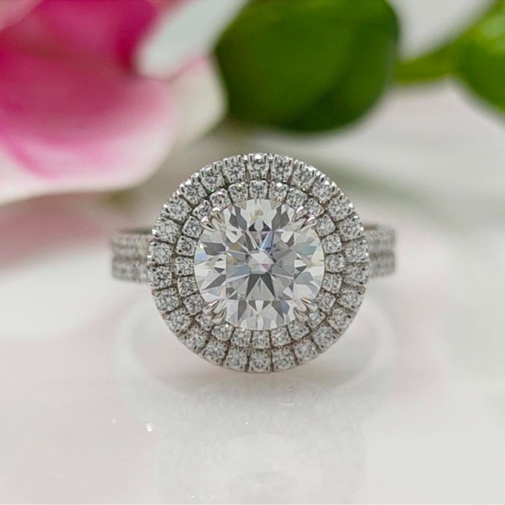 Diamond and Moissanite Halo Ring in 14k White Gold, Size 7